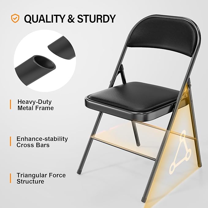 VINGLI 2 Pack Folding Chairs with Padded Seats, Metal Frame with Pu Leather Seat & Back, Capacity 350 lbs, Set of 2, Black