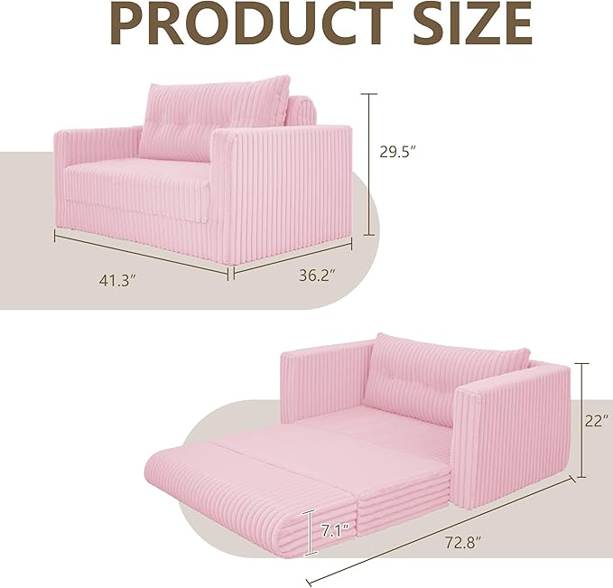 HABUTWAY Folding Sofa Bed, 2 in 1 Convertible Sleeper Chair with Pillow, Portable Fold Out Chair Bed with Armrest, Comfy Floor Couch, Lazy Sofa for Living Room Bedroom Dorm Home Office, Pink