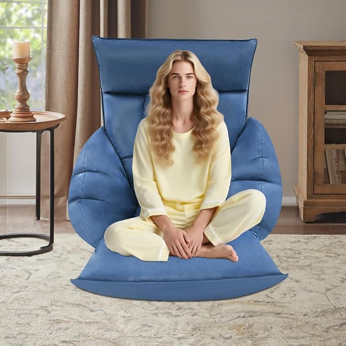Foldable Floor Lazy Sofa, Adjustable Lazy Sofa Floor Chair with 5-Position Headrest, Ergonomic Foldable Floor Seating with Armrests and Lumbar Support, for Living Room, Bedroom, Office (Navy Blue)