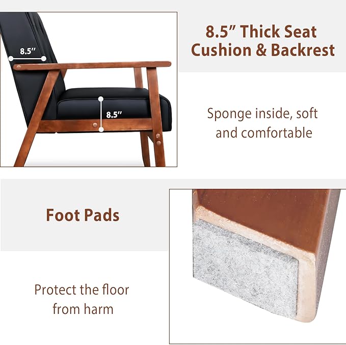 JIASTING Mid-Century Retro Modern Leather Accent Chair Set of 2 Wooden Arm Chair Upholstered Tufted Back Lounge Chairs for Office Living Room