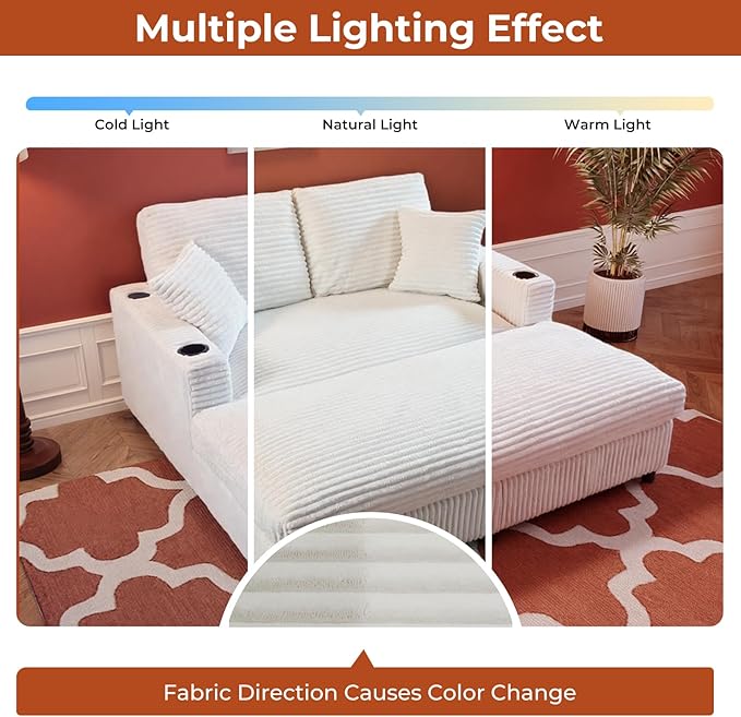 65" Oversized Chaise Lounge Chair Indoor, Upholstered Sofa Bed with Pillows & 2 Cup Holders, Sleeper Couch Comfy Corduroy Recliner Chair for Living Room, Movie Room, Bedroom, White