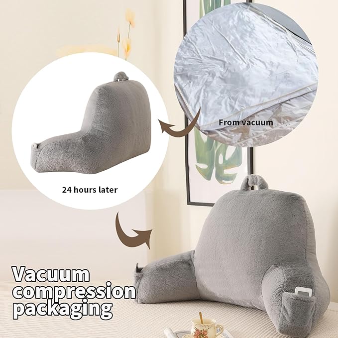 PAJEO Reading Pillow for Sitting in Bed, Large Backrest Reading Pillow with Arm Rest,Back-Rest Support Cushion for Sit Up on Couch, Sofa, and Floor, Dorm Essentials (Gray Faux Fur, Standard(17"))