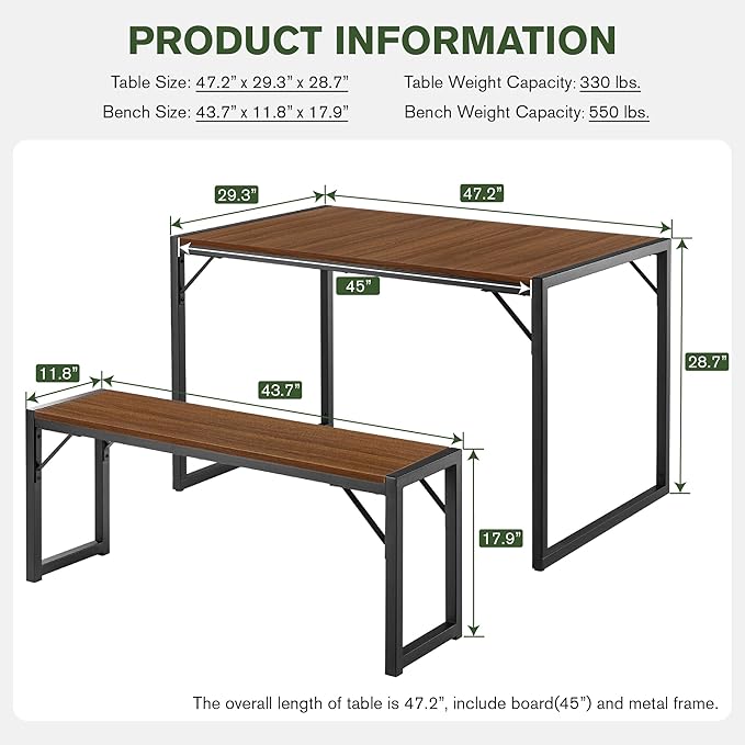 IMUsee 3PC 47.2" Dining Table Set for 4 with Benches, Heavy Duty Metal Frame, Small Space Saving Kitchen Dinette, Wood Board and Black Legs
