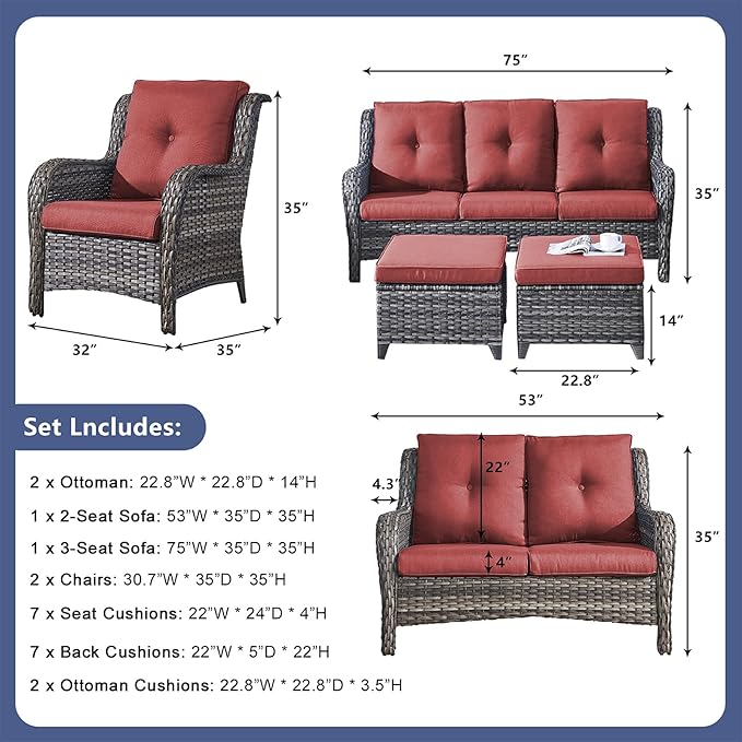 Rilyson Outdoor Patio Furniture Sofa Set - 6 Piece Rattan Wicker Patio Sectional Conversation Sets with 1 Sofa,1 Loveseat,2 Armrest Chairs and 2 Ottomans for Porch Deck Garden(Mixed Grey/Red)