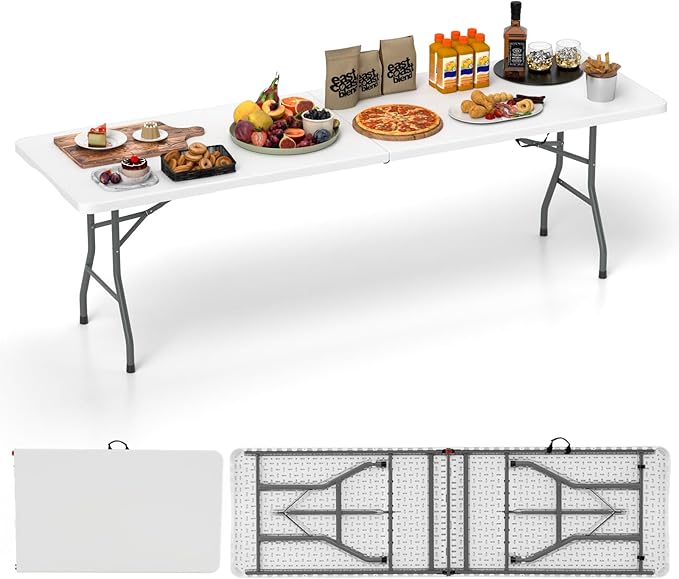 Tangkula 8 FT Folding Table, Indoor Outdoor Foldable Plastic Table with HDPE Tabletop, Sturdy Metal Fame, Carrying Handle, Heavy Duty Portable Fold-in-Half Picnic Table for Camping BBQ Party
