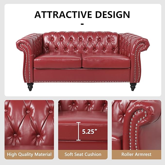 QHITTY Accent Sofa, Chesterfield Loveseat Modern Leather Couch Upholstered Sofa with Tufted Back for Living Room Furniture (Burgundy)