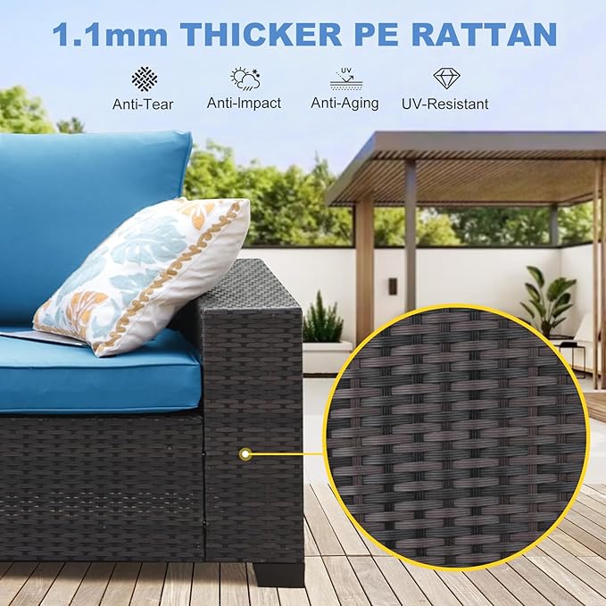 SunloungeCo 9 Pieces Outdoor Patio Furniture Set, Wicker Conversation Sets with Tea Table, Rattan Patio Sofa with Thick Cushions for Garden, Backyard Porch, Poolside,Peacock