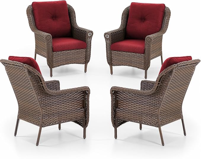 ACTREST Patio Wicker Chairs Outdoor Furniture Chair - Set of 4 Outside All Weather Lawn Dining Brown Rattan Armchair with High Back&Deep Seating for Deck Porch Balcony Backyard Garden - Red