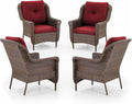 ACTREST Patio Wicker Chairs Outdoor Furniture Chair - Set of 4 Outside All Weather Lawn Dining Brown Rattan Armchair with High Back&Deep Seating for Deck Porch Balcony Backyard Garden - Red