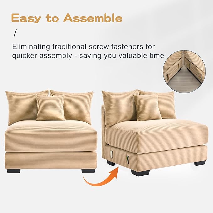 KEIKI 83" Oversized Corduroy Modular Sectional Loveseat Sofa with High-Density Foam Cushions, Extra-Thick Armrest, Upholstered Modern 2-Seater Fluffy Corner Couch with 6 Pillow, for Living Room, Camel