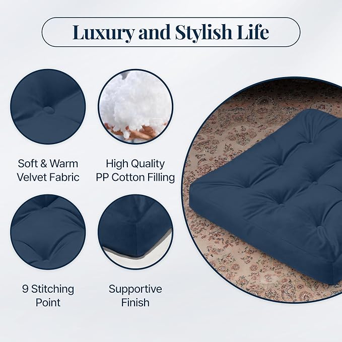 Velvet Floor Pillow Set of 2, Square Large Pillows Seating for Adults, Navy Tufted Cushions for Meditation, Yoga Tatami Living Room Chair, Machine-Washable & Dryer-Safe, Navy, 22x22 Inch