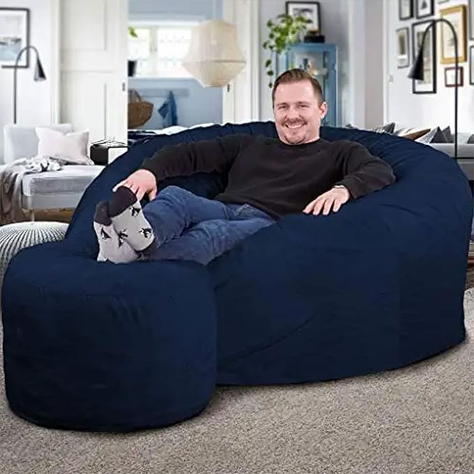 ULTIMATE SACK 5000 5-Foot Bean Bag Chair with Footstool, Navy Suede Cover – Oversized Foam Lounger, Floor Seat, Small Sofa, or Couch Bed for Living Area, Gaming Room, or Reading Lounge
