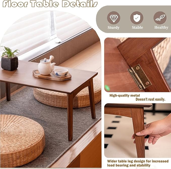 Kuabner Folding Floor Table Low Coffee Table for Sitting On The Floor Japanese Floor Table No Assembly Tatami FoldableTable for Living Room Home Office (Walnut, Small)