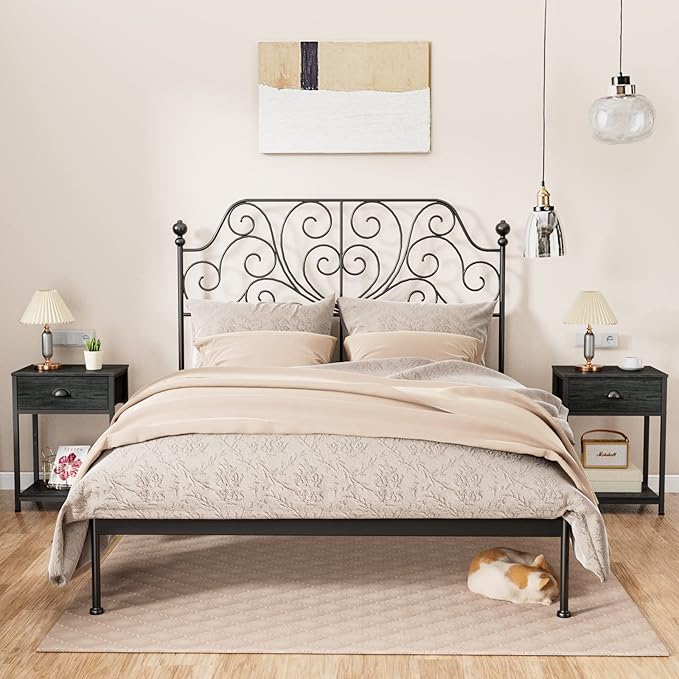 Furologee Nightstand with Fabric Drawer & Storage Shelf, Small Side Table for Small Space, 2 Tiers Industrial End Table for Living Room, Bedroom, Black Oak