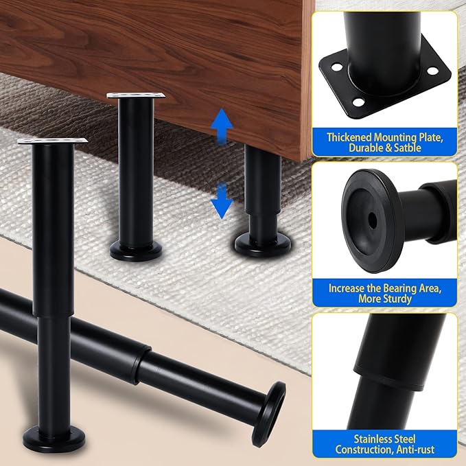 Olldag 6 PCS Adjustable Height Bed Support Legs for Bed Frame/Bed Center Slat, Heavy Duty Furniture Replacement Legs 7.08-12.2 inch for Sofa/Cabinet/Couch/Dresser/Table (Black)