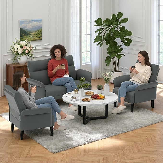 3-Piece Symmetrical Shawl Arm Sofa Set, Faux Leather Loveseat & 2 Accent Chairs with Wide Armrests, Wooden Legs, Upholstered Living Room Set for Cozy Spaces(Gray)