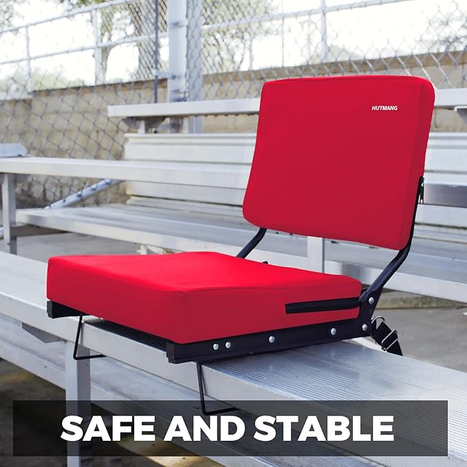 HUTMANG Stadium Seating for Bleachers, Wide Stadium Seats for Bleachers with Back Support,Portable Stadium Seat Folding Padded Comfort Stadium Chair with Shoulder Strap,Perfect for Sports Events(Red)