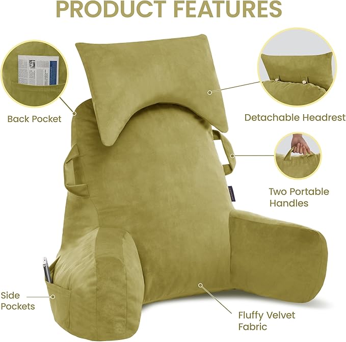 Unisakey Portable Reading Pillows with Headrest for Bed Sitting Up(Pale Green Oeko-Tex), Velvet Back Pillow with Arms & Pockets for Adults, Support Memory Foam Bed Pillow for Dorm/Watching/Gaming