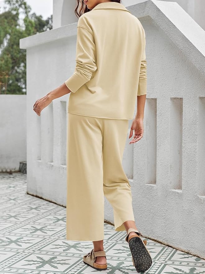 Imily Bela Womens 2 Piece Outfits Sweatsuit Long Sleeve Lapel V Neck Shirt and Wide Leg Pants 2025 Fall Trendy Tracksuit