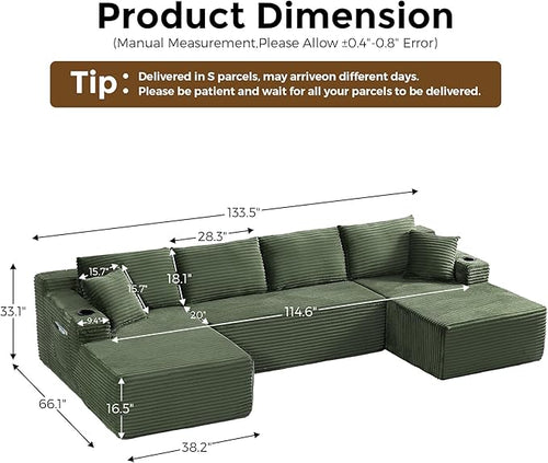 133" Oversized Cloud Boneless Sofa Couch with Chaise, Modern Corduroy U Shaped Modular Sectional Sofa with Deep Seat, Comfy Couch with Cupholders and Storage, No Assembly Required-Green