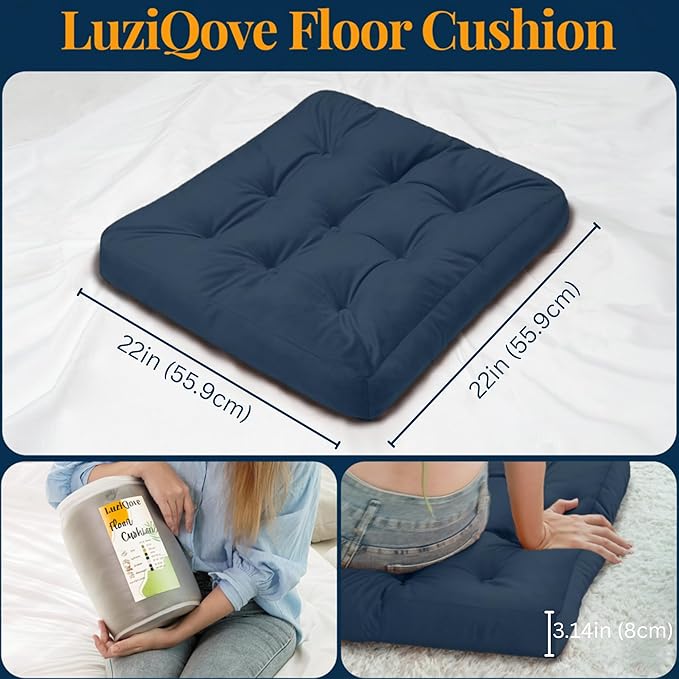 Velvet Floor Pillow Set of 2, Square Large Pillows Seating for Adults, Navy Tufted Cushions for Meditation, Yoga Tatami Living Room Chair, Machine-Washable & Dryer-Safe, Navy, 22x22 Inch