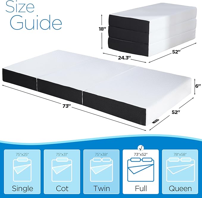 Roxzo Mattress Topper, 6 Inch Memory Foam, Full Size, Tri-fold, Ventilated, Conform Ergonomics, Soft, Portable, Floor Guest Bed, 73x52x6 inches