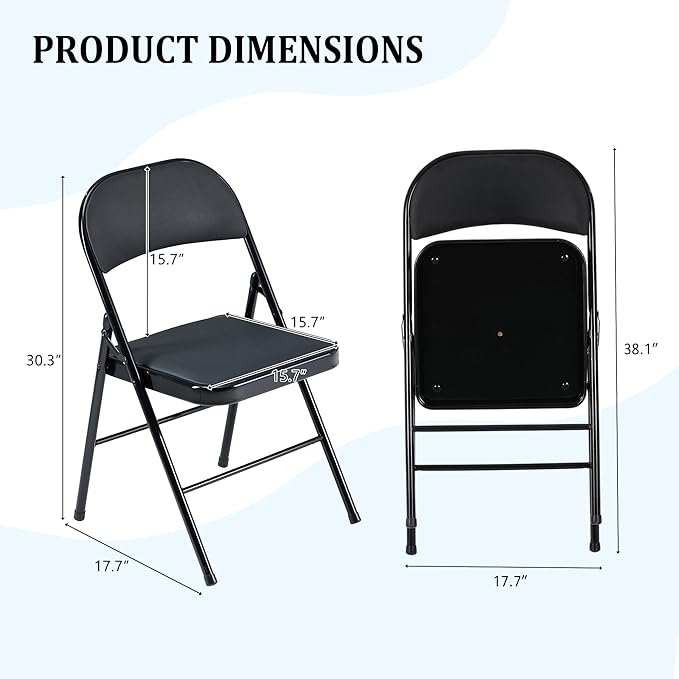 6 Pack Black Folding Chairs with 330 LBS Capacity, Indoor Outdoor Chairs with Padded Cushion and Back, Portable & Foldable Heavy Duty Metal Frame Commercial Seat for Kitchen Party Events Wedding