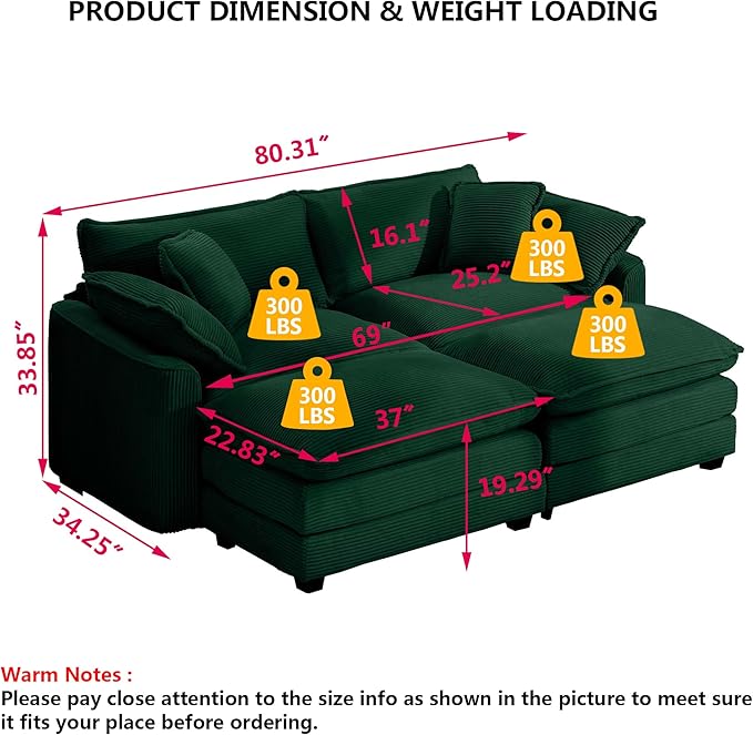 Aoowow Oversized Loveseat Couch with Ottomans,Modern Corduroy 2 Seater Cloud Couches for Living Room,Modular Sectional Cloud Sofas Deep Seat,Double Lounger Sleeper Sofa