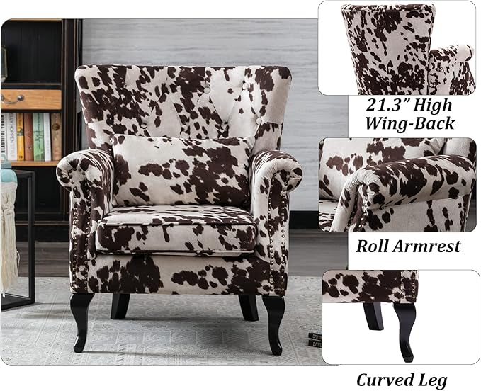 DM Furniture Set of 2 Mid-Century Modern Accent Chair, Velvet Armchair w/Tufted Back/Wood Legs, Upholstered Lounge Arm Chair Single Sofa for Living Room Bedroom, Cow Print