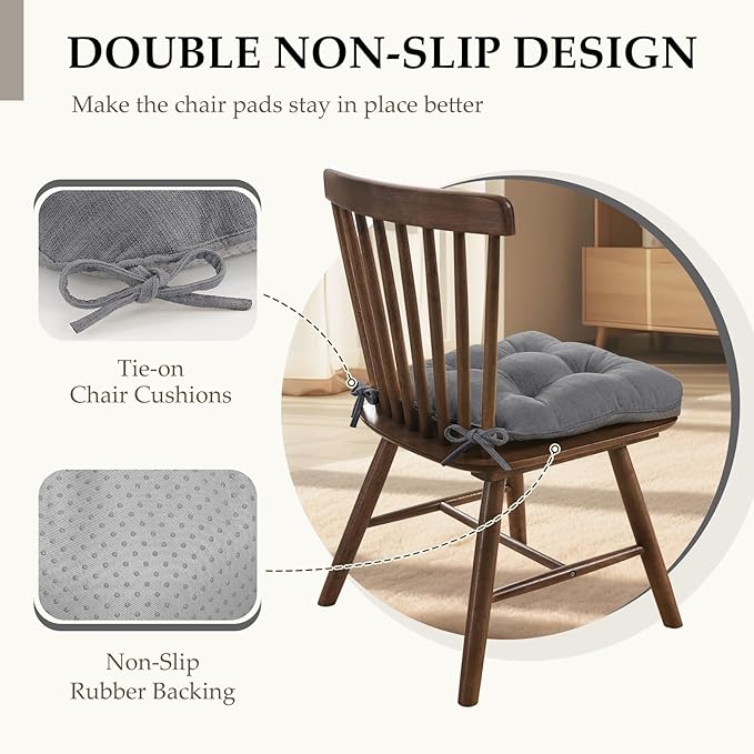 HARBOREST Chair Cushions for Dining Chairs Set of 6 - Chenille Tufted Kitchen Chair Cushions with Ties and Non-Slip Bottom, Foam Chair Pads for Dining Chairs, 17" x 17", Grey