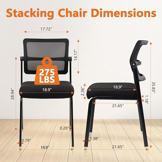 CLATINA 8PK Mesh Stacking Office Desk Chairs, Portable Stackable Bulk Waiting Room Armless Chair with Adjustable Back & Fabric Seat for Guest Lobby Side School Church Conference Break, Black