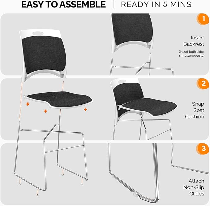VINGLI Stackable Chairs Set of 8 Stacking Office Chairs with Metal Sled Base, Ergonomic Plastic Padded Seat & Back, Capacity 350lbs, Stacking Chairs for Waiting Room Break Room Banquet Guest, Black