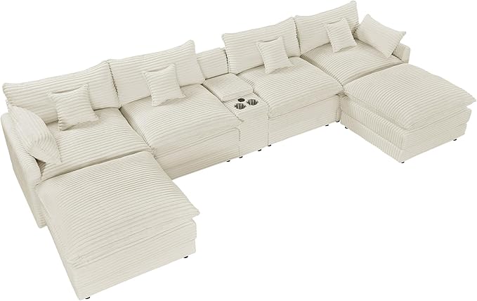 HYJT-H&K 145" U Shaped Cloud Couch Modular Beige Sectional Couches for Living Room, Comfy Fluffy Corduroy Oversized Cloud Sectional Couch Large 6 Seat Sectionals Sofa Set Central Console USB Port