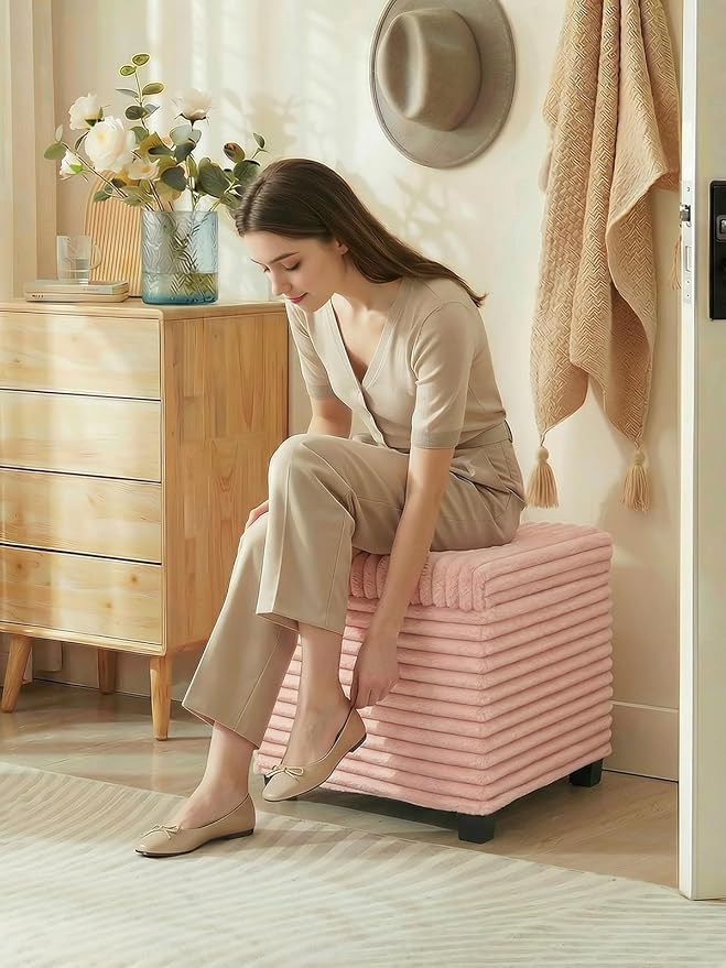 ABHENG 17.7 inches Faux Fur Ottomans Cube with Storage, Metal Framed Vanity Stool Chair Storage Ottoman Foot Rest Stool, Holds 770 LB for Dorm Living Room Bedroom Pink UASND643P