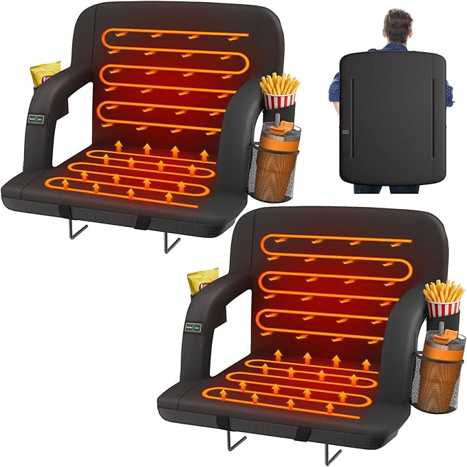 HOPERAN 23" 2pcs Dual-Sided Heated Stadium Seats for Bleachers with Back Support, 3 Levels Heating Stadium Seating for Bleachers Seat with Backrest, 5 Pockets Portable Stadium Chair for Outdoor