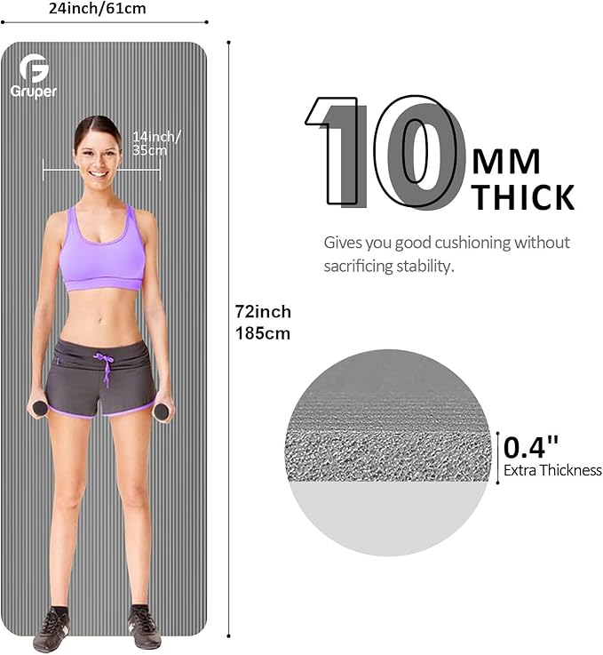Yoga Mat Non Slip NBR Extra Thick Yoga Mat, 72"L x 32"/24"W x 0.6"/0.4"TH (185cm x 80cm/61cm x 15mm/10mm), Anti-Tear Exercise Mat with Carrying Strap and Bag, Workout Mats for Yoga, Pilates