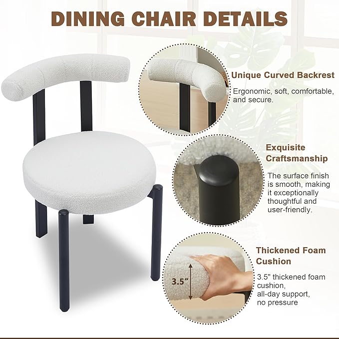 Kiztir Boucle Dining Chairs Set of 6, Modern Dining Room Chairs with Curved Backrest and Black Metal Legs, Upholstered Round Dining Accent Chairs for Kitchen, Living Room, Bedroom (Beige)