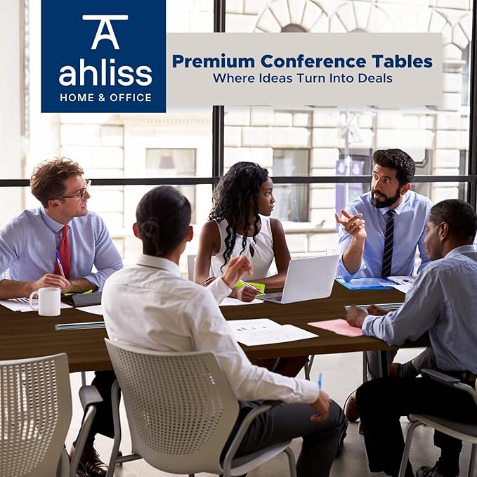 ahliss Sturdy Conference Table with Cable Management Grommets Modern Rectangle Office Meeting Table with Wood Tabletop and Metal Frame & Legs- Easy Assembly Boardroom Table (Dark Brown, 10 Foot)