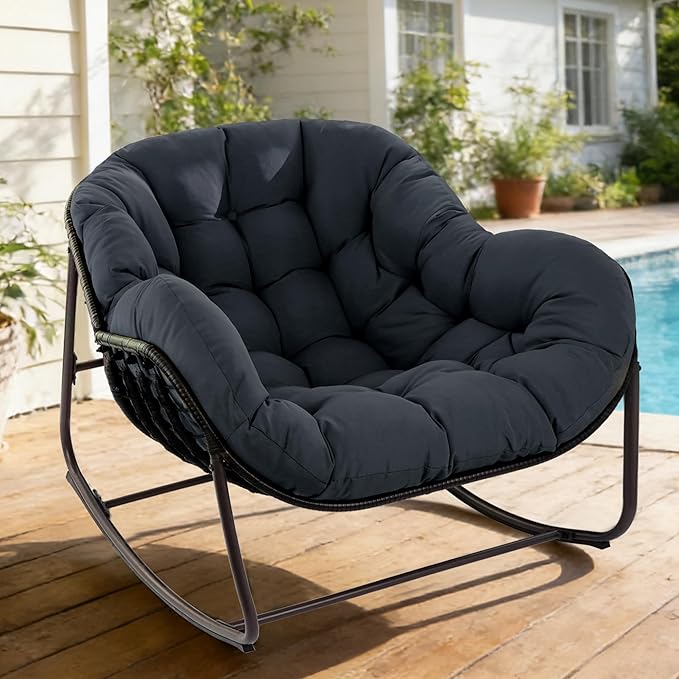 Sgentle Papasan Rocking Chair Outdoor, Oversized Patio Rocking Chair with Cushions & Steel Frame, Wicker Egg Lounge Chair Indoor, Comfy Reading Chair for Patio, Deck, Porch (Blue, Style 1)