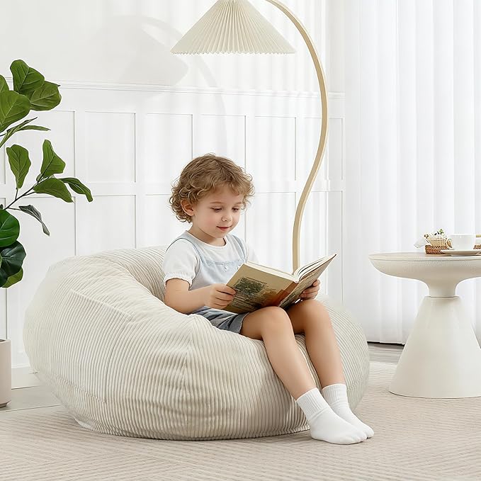 Bean Bag Chair with Corduroy Cover and Memory Foam Filled for Teens and Kids, Small Comfy Fluffy Floor Chair for Living Room Bedroom (Beige, 2.5FT)