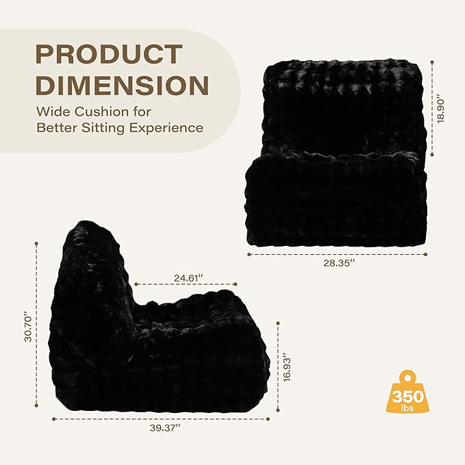 Black Bean Bag Chairs for Adults,Comfy Small Bean Bag Sofa with Back Support,Memory Foam Bean Bag Chair for Kids,Faux Fur Fireside Beanbags Lazy Sofa for Bedroom,Dorm,Apartment,Living Room
