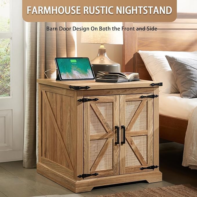 Barnyatoh Farmhouse Boho End Table with Charging Station, 24" Large Side Table with Rattan Barn Door, Rustic Wood Square Nightstand Bedside Table with Storage for Living Room, Bedroom, Natural