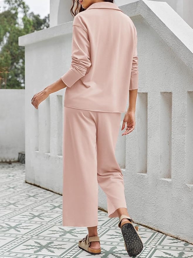 Imily Bela Womens 2 Piece Outfits Sweatsuit Long Sleeve Lapel V Neck Shirt and Wide Leg Pants 2025 Fall Trendy Tracksuit