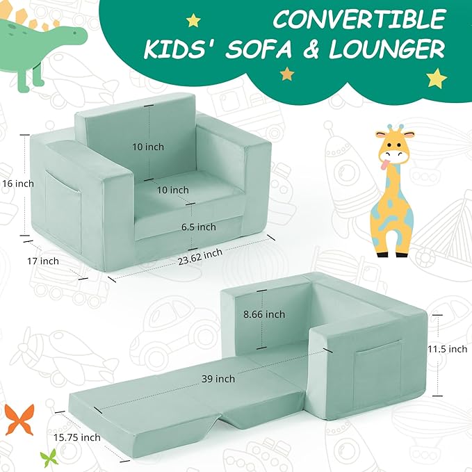 Kids Couch, 2-in-1 Toddler Chair Comfy 1-3 Years, Convertible Kids Chair, Toddler Couch That Fold Out, Kid Lounge Chairs for Boys and Girls, Soft Coral Fleece, Single, Teal