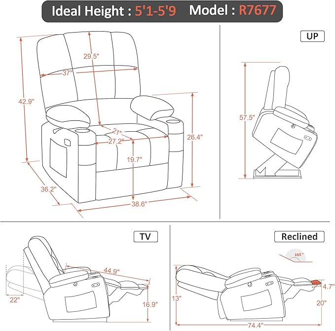 MCombo Oversized Dual Motor Power Lift Recliner Chair Sofa with Massage and Heat for Big Elderly People, Infinite Position, USB Ports, Fabric R7677 (Navy Blue, Medium-Oversize)