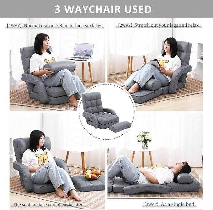 FLOGUOR 14-Position Adjustable Floor Chair, Chaise Lounge Indoor, Folding Lazy Sofa with Armrests and a Pillow Padded Adults Gaming Chairs for Living Room, Bedroom Factory Price,8803 (Grey（PU）)