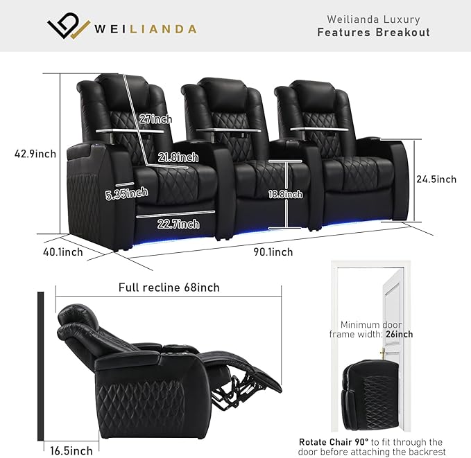 Weilianda Home Theater Seating Top Grain Leather Zero Gravity Recliner Chair Power Headrest Recline Movie Seat Gaming 7 Colors Mood Light Sofa with Tray Table USB Charge Row of 3 Black
