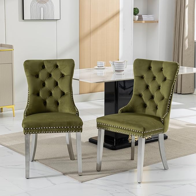 YeahFurn Mid Century Modern Dining Chairs Set of 4, Olive Velvet Upholstered Tufted Back, Kitchen & Dining Room Chairs, Brushed Silver Metal Legs, Nailhead Trim, Sillas para Comedor (Olive, 4 Pcs)
