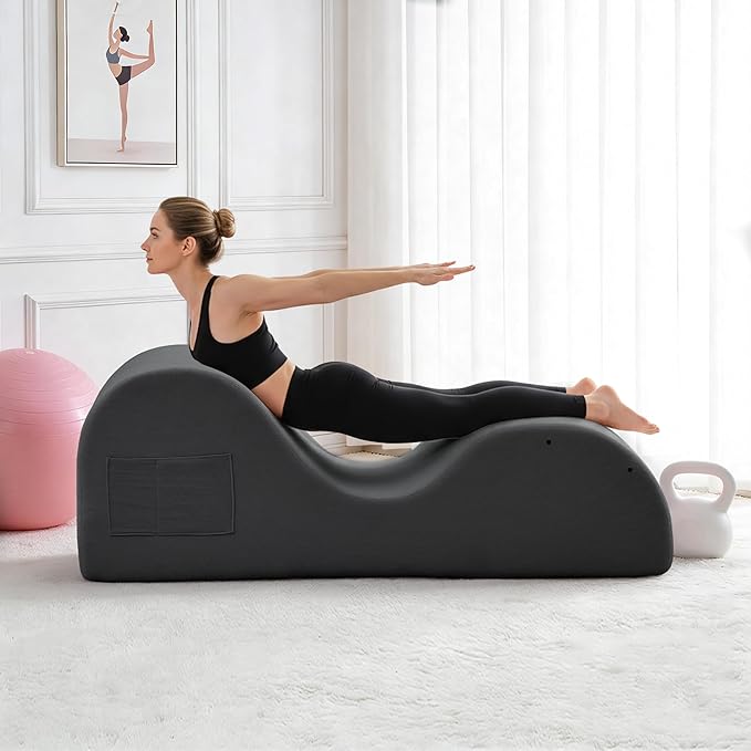 DRMBOOK Yoga Chairs for Adults, Corduroy Fabric Chaise Lounge with Headrest, Boneless Yoga Sofa Couch with Waist Cushion, Movable Footrest, Side Pockets for Relaxation Exercise Stretching (Grey)