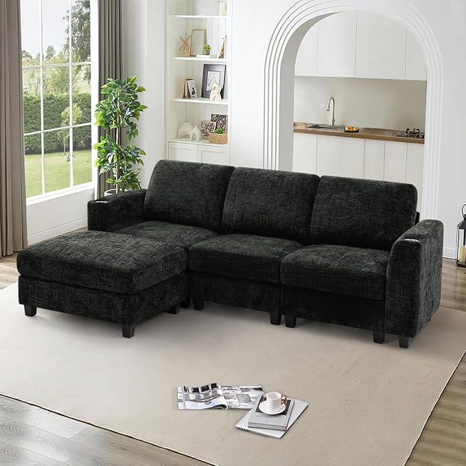 Lesofair 87" Convertible L-Shape Couch with Flexible Ottoman, Soft Sectional Sofa with 2 Built-in Cup Holders, Chenille 3 Seats Sofa with Well-Filled Back Cushions for Living Room, House, Black